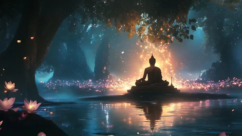 Digital painting of meditative Buddha under luminous forest canopy.