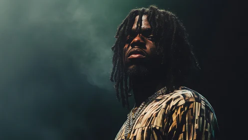 Photographic low-key portrait of musician in stage haze.