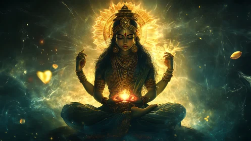 Seated radiant deity figure in ornate golden attire.