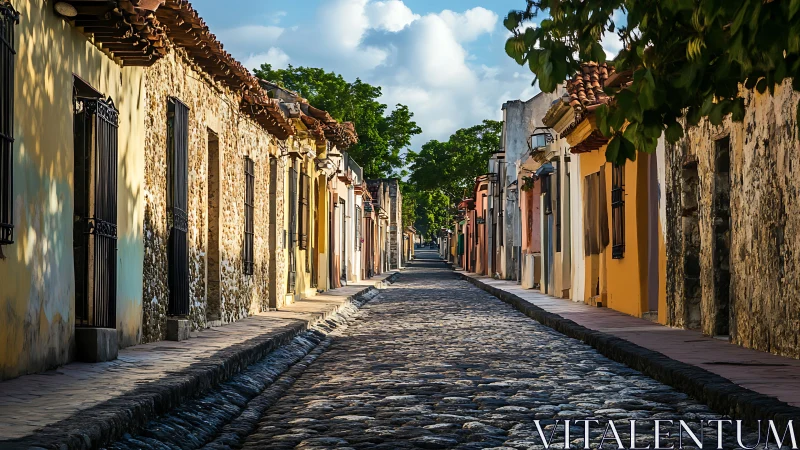 Historic cobblestone street lined with colorful old houses.