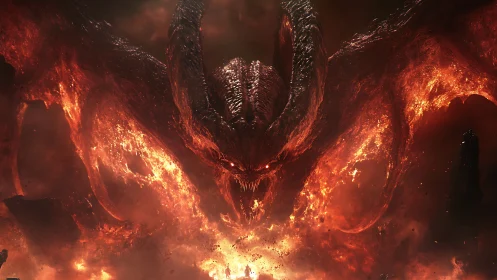 Inferno monarch unfurls molten wings above defiant hero.