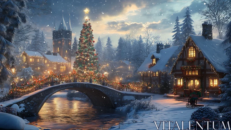 Snow-covered village square displays central lit Christmas tree