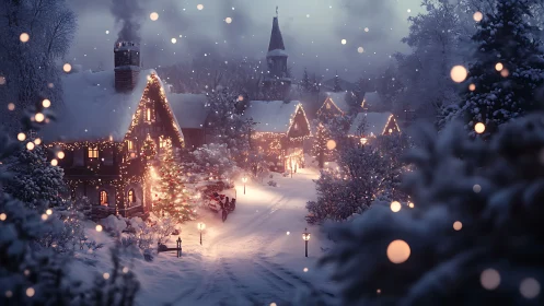 Snowy Christmas village glows softly under a winter dusk sky