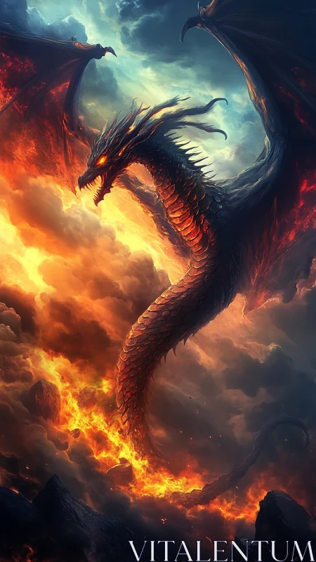 Infernal dragon erupts through stormlit sky in blazing fire.
