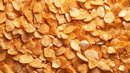 Crisp toasted cereal flakes in uniform golden closeup view.