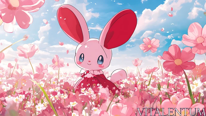 Pink bunny in bloom-filled meadow enjoys a dreamy spring day.