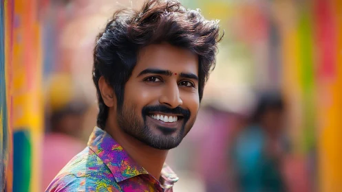 Sunlit smile amid festival colors and softly blurred bustle.