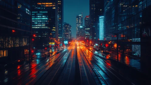 Rainy night city street with vivid reflections and lights.