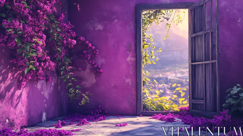 Purple courtyard wall with open rustic door to valley
