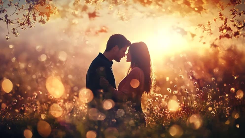 Silhouetted Couple Embracing in Golden Sunset Bokeh.