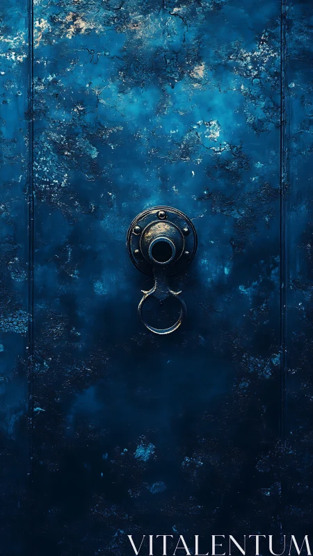 Weathered blue metal door with central brass ring knocker.
