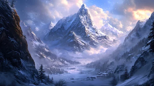 Digital painting of alpine peak in cinematic winter light.
