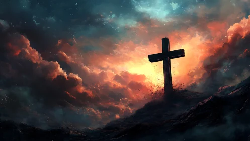 Lone wooden cross against storm-lit fiery sky at dusk.