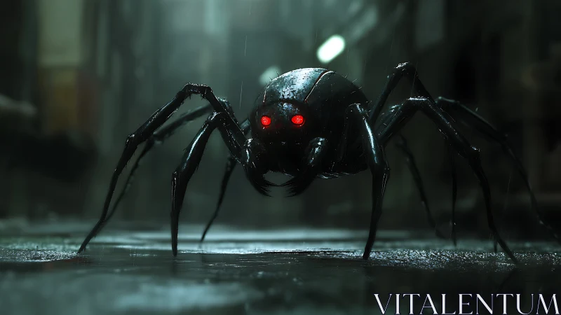 Autonomous robotic spider with red optical sensors stalks wet alley