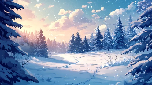 Snowy conifer forest under soft sunset winter sky.