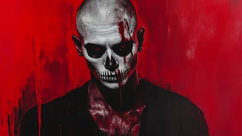 Bald figure with skeletal face paint on red backdrop.