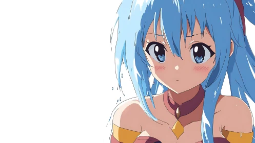 Blue-haired anime girl with watery eyes and blush expression.