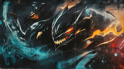Ferocious neon creature graffiti on urban metal panel wall