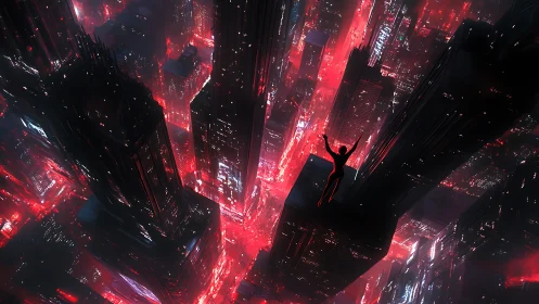 Reaching for the neon sky above a glowing cyber city.