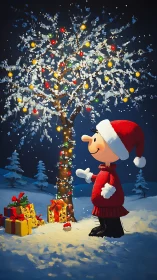 Cartoon child near snow-covered lit tree with presents.