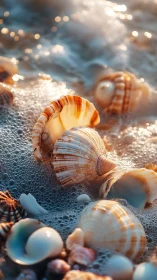 Seashells in shallow surf with foam and warm side light.