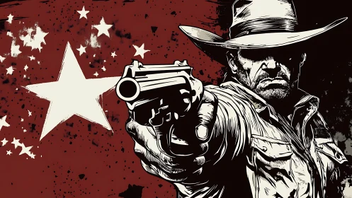 Vector western gunslinger aiming revolver against star field.