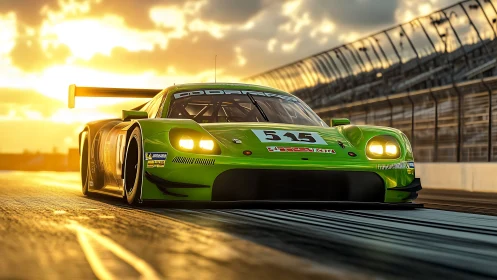 Green endurance race car powers along track at sunset.