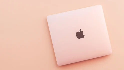 Closed rose gold MacBook centered on pale peach surface