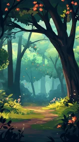 Enchanted Forest Path with Orange Blooms.