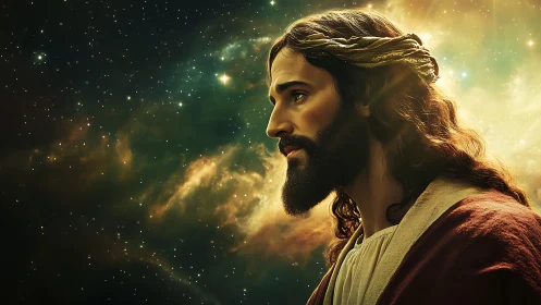 Profile portrait of robed man before luminous cosmic nebula