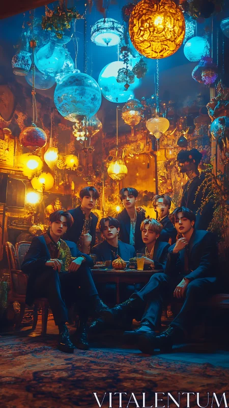 Opulent lounge portrait under glowing mosaic lanterns.