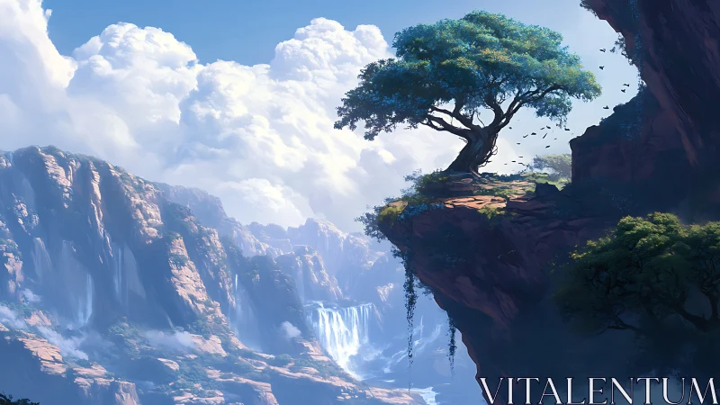 Solitary Guardian: Ancient Tree Perches Upon Windswept Precipice.