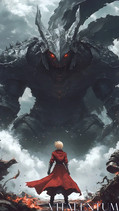 Red-cloaked warrior confronts towering demonic dragon titan