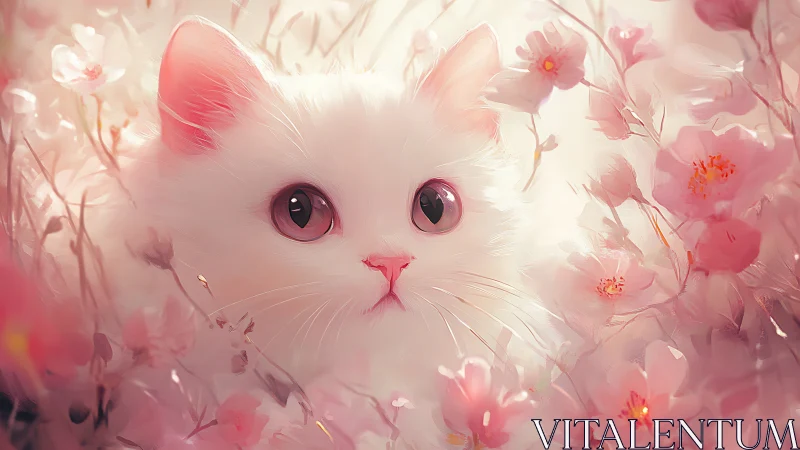 White Cat with Pink Eyes in Floral Garden.
