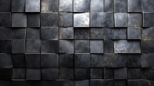 Midnight metal mosaic of uneven squares in moody relief.