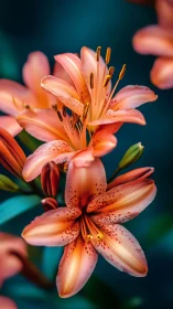 Coral Lilies with Spotted Petals Against Teal Background.