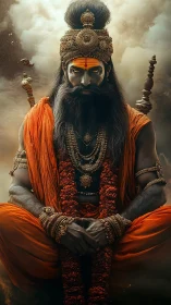 Storm-eyed ascetic king sits crowned in molten saffron fire.