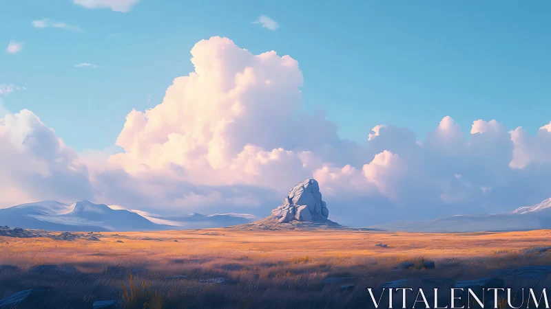 Isolated granite outcrop on sunlit steppe under cumulus banks