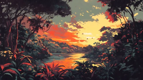 Sunlit jungle river glows under a vibrant painted sky.