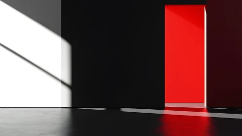 Minimalist interior with red rectangular form.