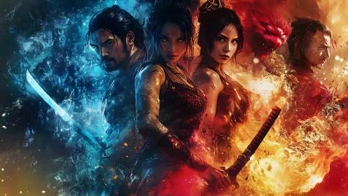 Elemental samurai warriors in dual-toned fire and ice tableau.