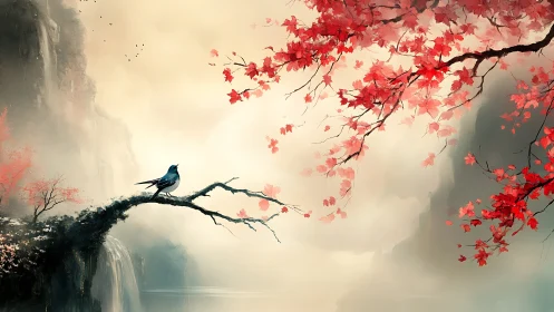Solitary bird on branch contrasts crimson foliage and soft mist