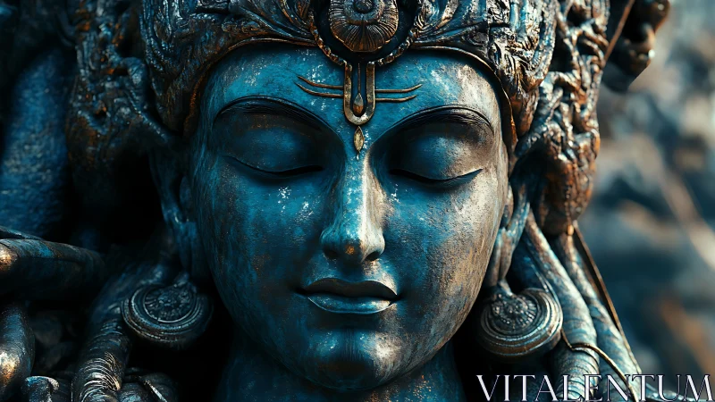 Quiet blue deity in intricate, timeworn bronze serenity.