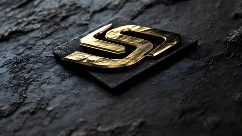 Modern metallic gold monogram logo on textured dark stone background.