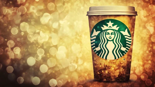 Photorealistic coffee cup with bokeh-rich golden backdrop.