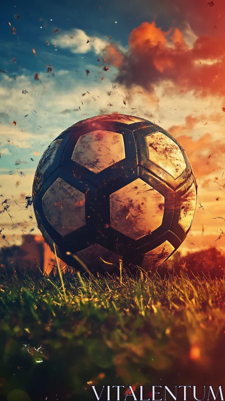 Soccer ball rests on grass under dramatic sunset sky