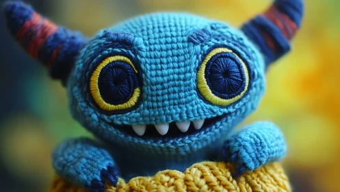 Macro close-up of crocheted blue monster plush with horns