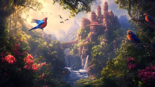 Enchanted cliffside castle among waterfalls and bright birds.