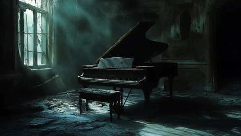 Decayed grand piano illuminated by volumetric window light shafts