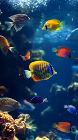 Photorealistic tropical reef scene with vivid schooling fish.